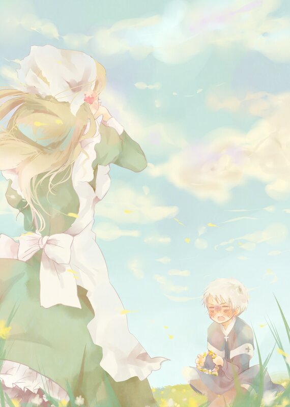 Anime girl and boy in a field
