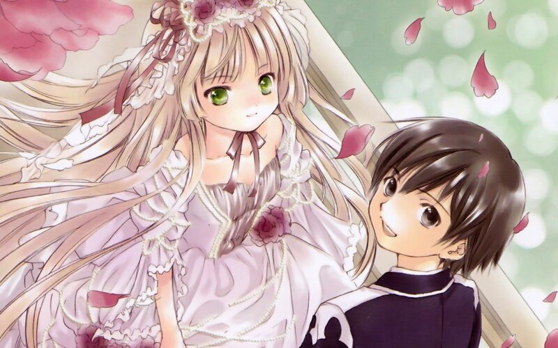 anime girl and boy with petals