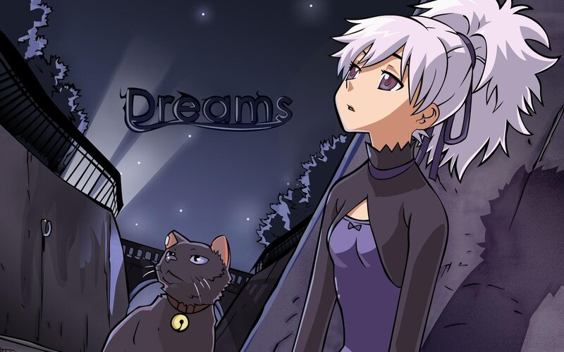Anime girl and cat at night