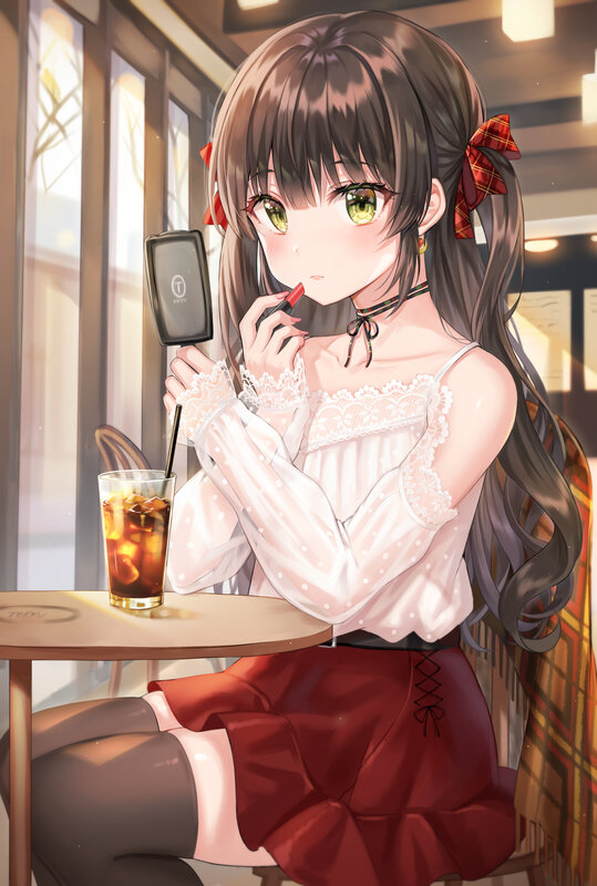 Anime Girl Applying Lipstick — White