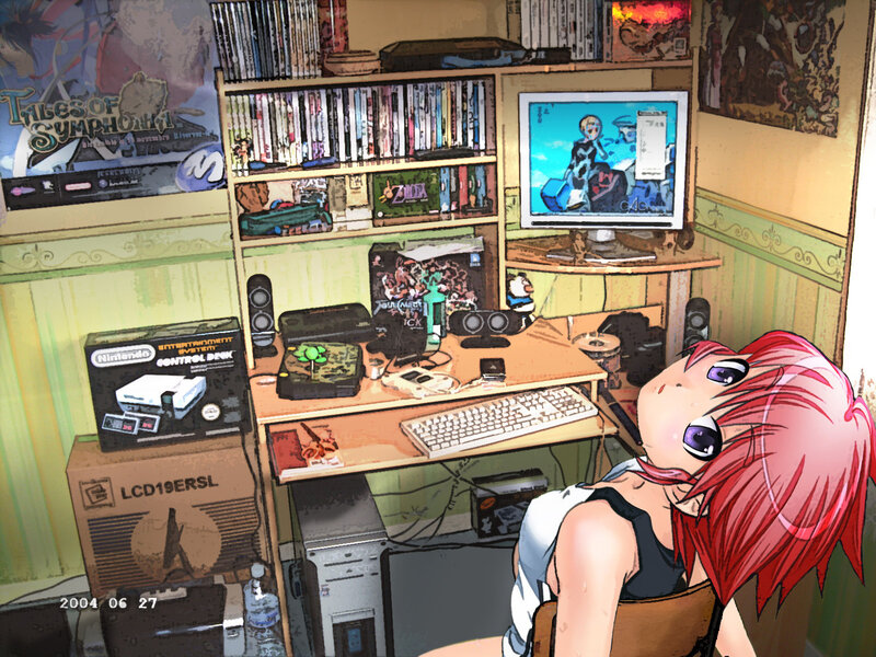Anime girl at a cluttered desk