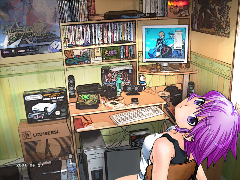 anime girl at a cluttered desk