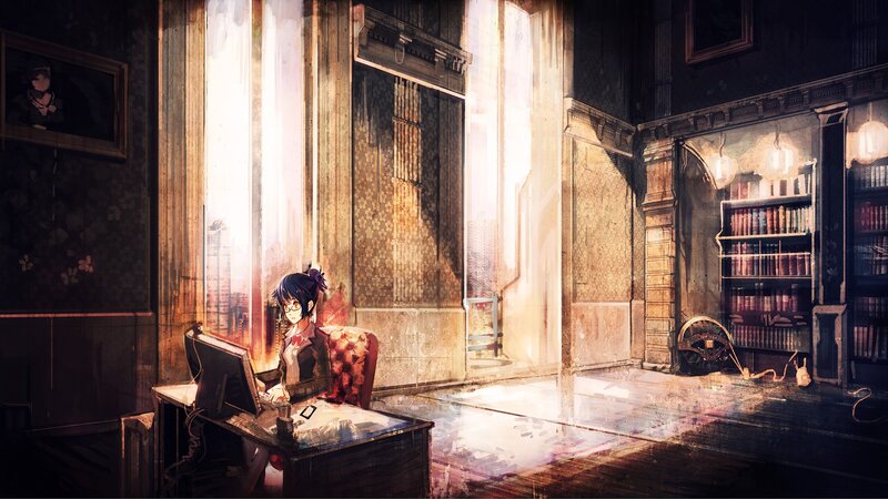 anime girl at a desk in a library