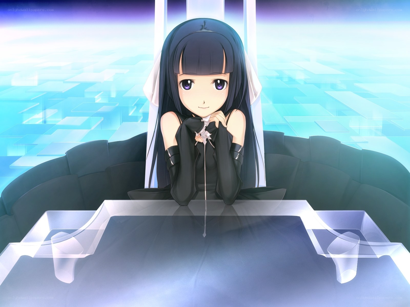 anime girl at a futuristic table
