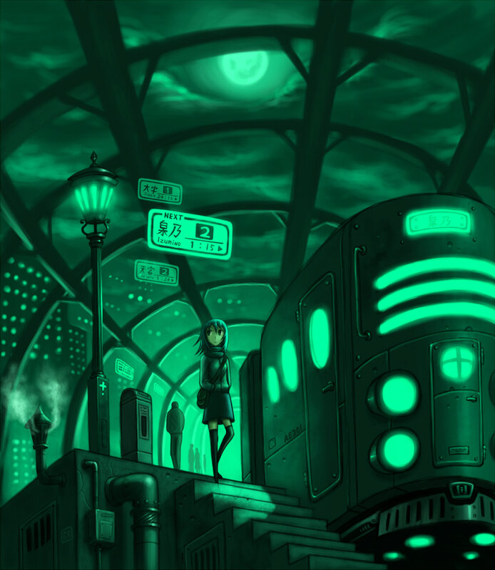 Anime girl at a green train station