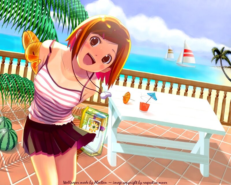 Anime girl at beach balcony