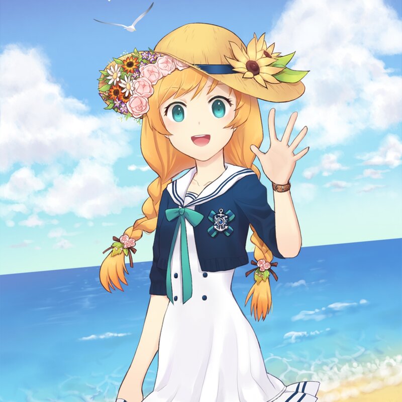 Anime Girl at Beach — Blue, Cheerful, Afternoon, Sunflower Hat