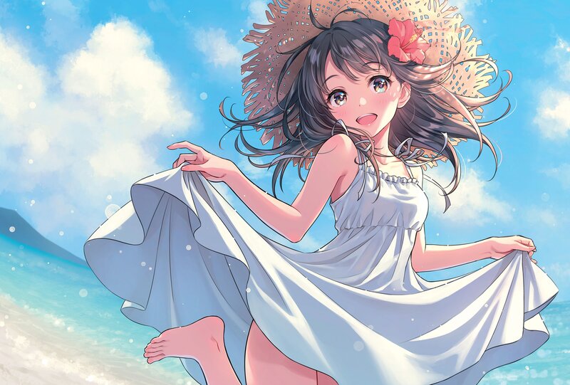 Anime Girl at Beach — Blue, Cheerful, Summer, Digital Art