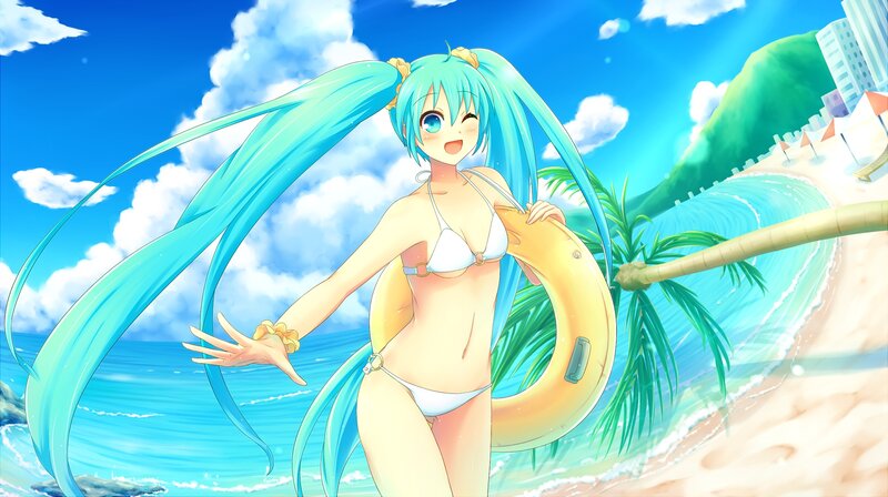 Anime Girl at Beach — Blue, Cheerful, Summer
