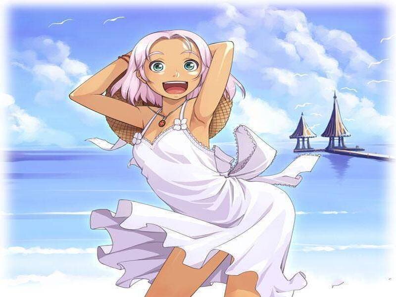 Anime Girl at Beach — Blue, Cheerful
