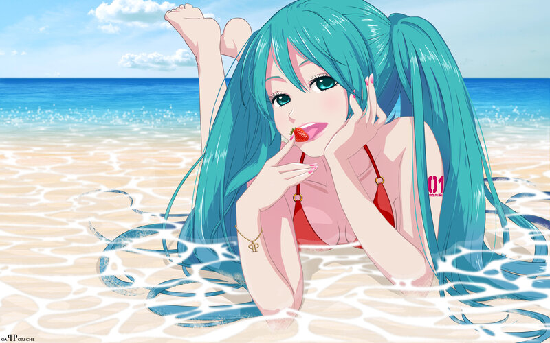 Anime Girl at Beach — Blue, Relaxed, Afternoon, Digital Art, Strawberry
