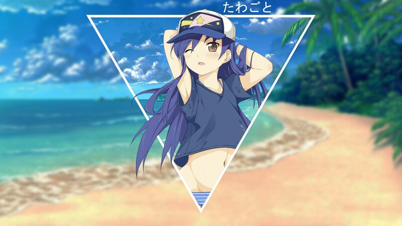 Anime Girl at Beach — Blue, Relaxed, Afternoon, Ocean, Palm Trees
