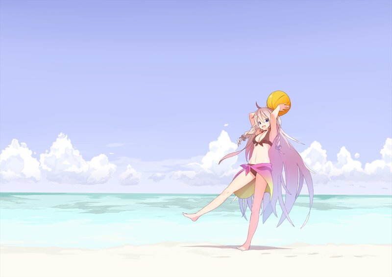 Anime Girl at Beach — Blue, Serene, Afternoon, Ball