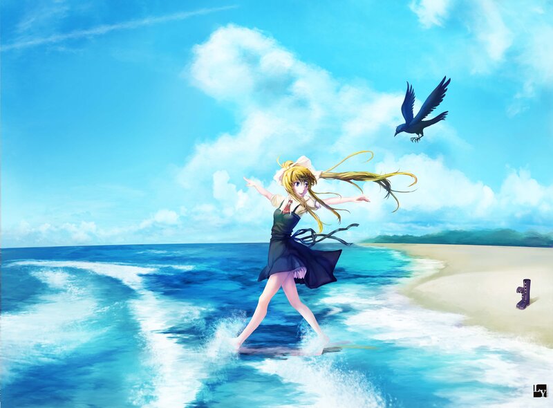 Anime Girl at Beach — Blue, Serene, Afternoon, Digital Art, Bird