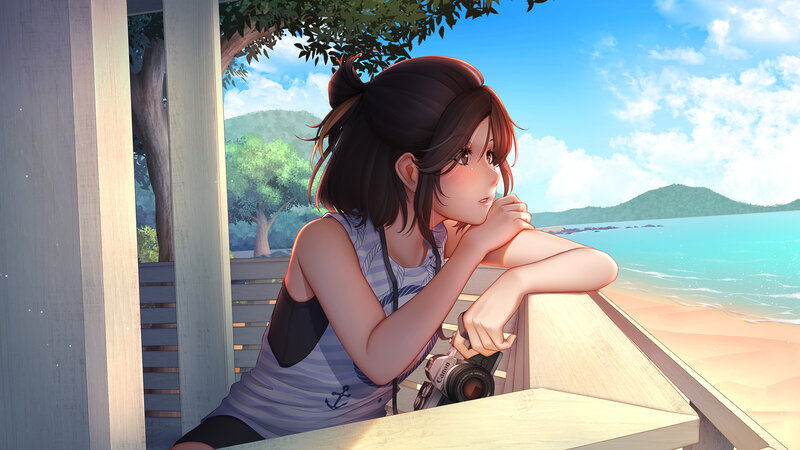 Anime Girl at Beach — Blue, Serene, Afternoon, Digital Art, Camera, Ocean