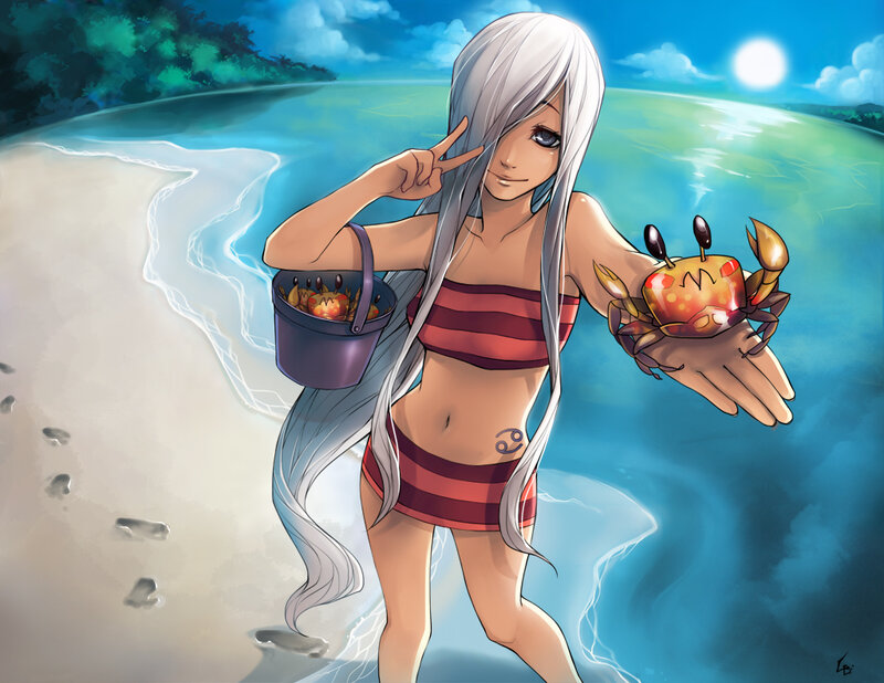 Anime Girl at Beach — Blue, Serene, Afternoon, Digital Art, Crab