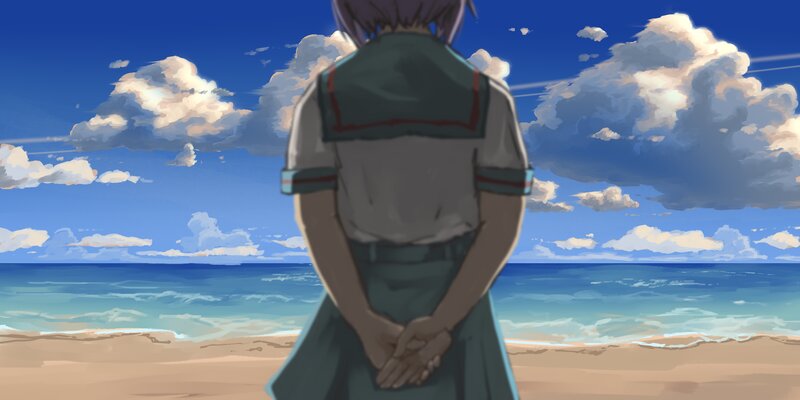 Anime Girl at Beach — Blue, Serene, Afternoon, Digital Art, Ocean, Sky, Clouds