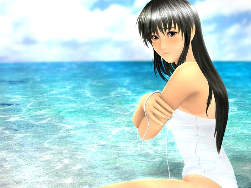 Anime Girl at Beach — Blue, Serene, Afternoon, Digital Art, Ocean