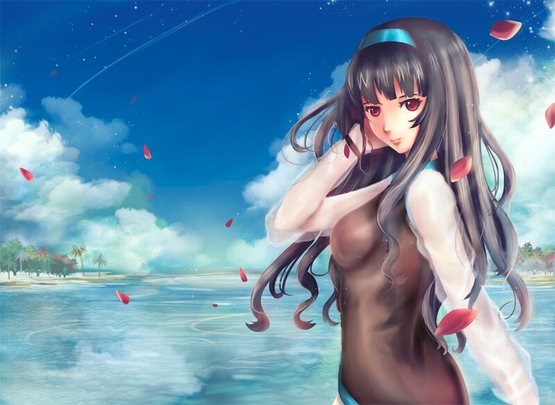 Anime Girl at Beach — Blue, Serene, Afternoon, Digital Art, Rose Petals