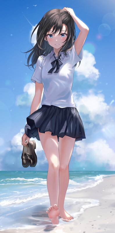 Anime Girl at Beach — Blue, Serene, Afternoon, Digital Art, School Uniform