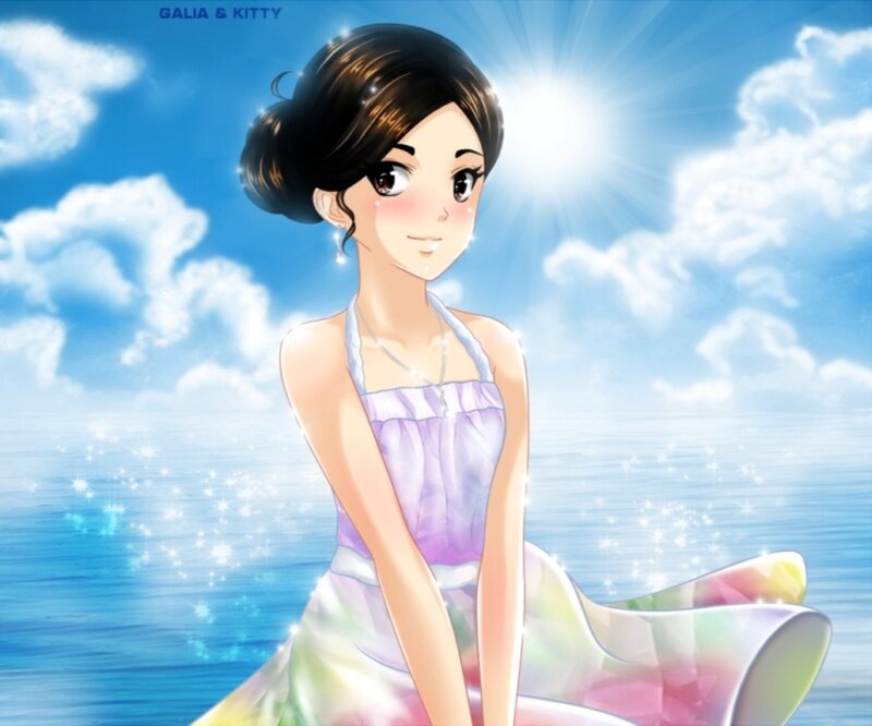 Anime Girl at Beach — Blue, Serene, Afternoon, Dress