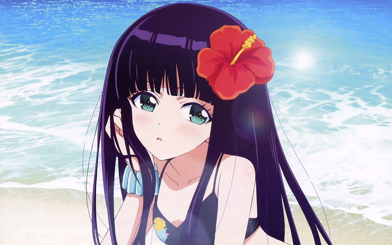 Anime Girl at Beach — Blue, Serene, Afternoon, Flower