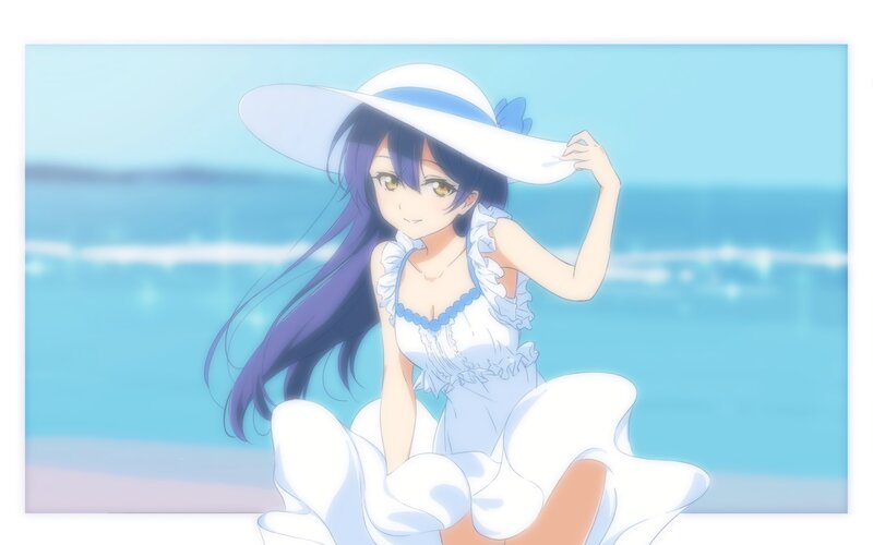 Anime Girl at Beach — Blue, Serene, Afternoon, Hat, Dress