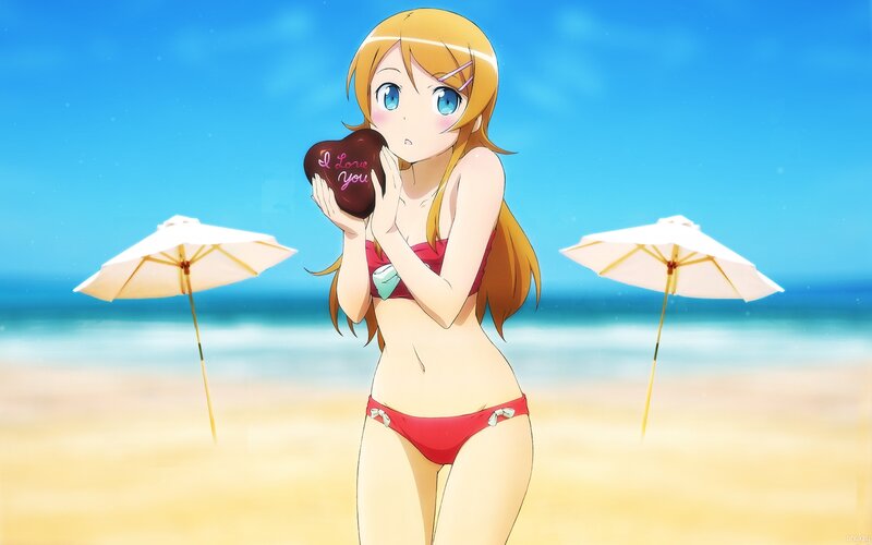 Anime Girl at Beach — Blue, Serene, Afternoon, Heart-shaped Object