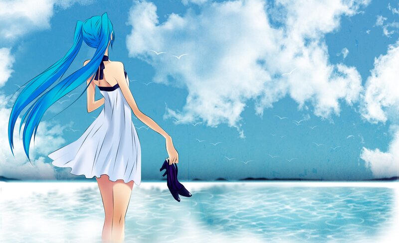 Anime Girl at Beach — Blue, Serene, Afternoon, Long Blue Hair