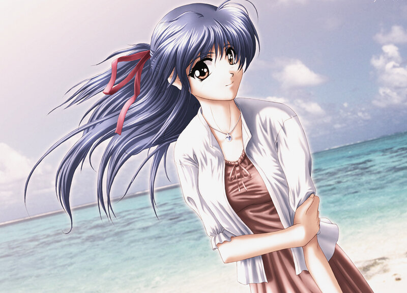 Anime Girl at Beach — Blue, Serene, Afternoon, Ocean, Sky, Sand