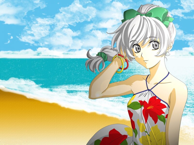 Anime Girl at Beach — Blue, Serene, Afternoon, Ocean, Sky