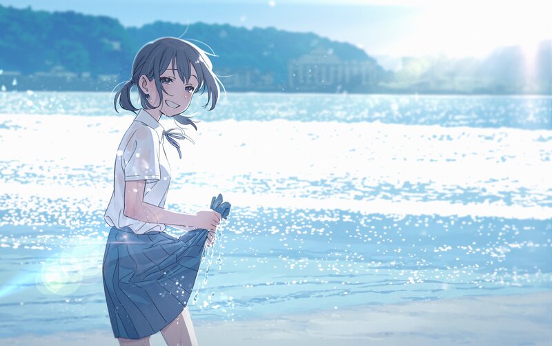Anime Girl at Beach — Blue, Serene, Afternoon, School Uniform