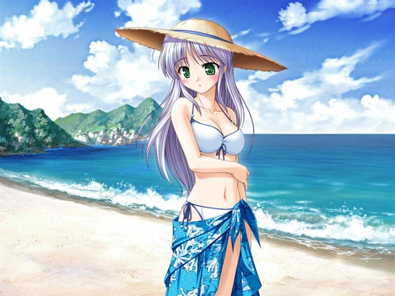 Anime Girl at Beach — Blue, Serene, Afternoon, Straw Hat