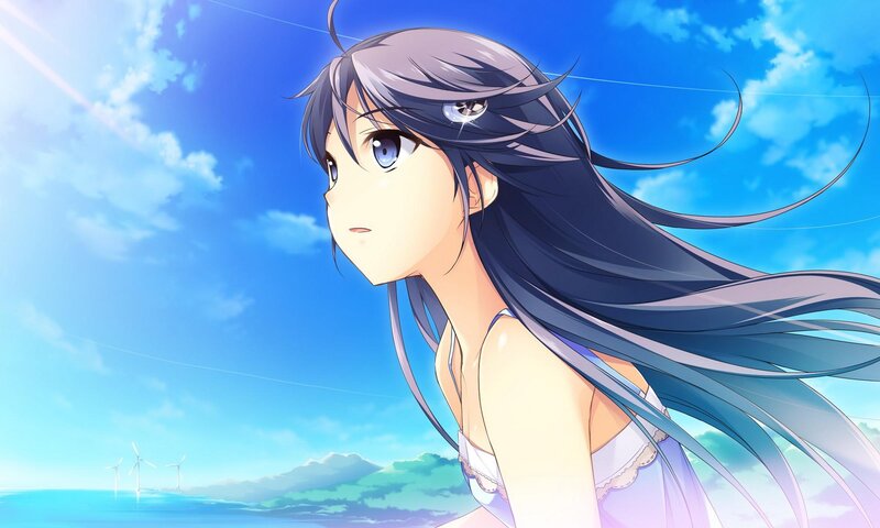 Anime Girl at Beach — Blue, Serene, Afternoon, Wind Turbines