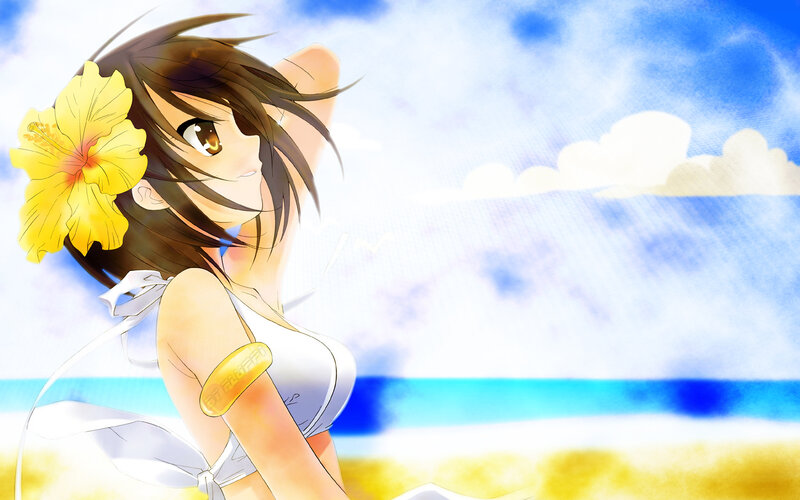 Anime Girl at Beach — Blue, Serene, Afternoon, Yellow Flower