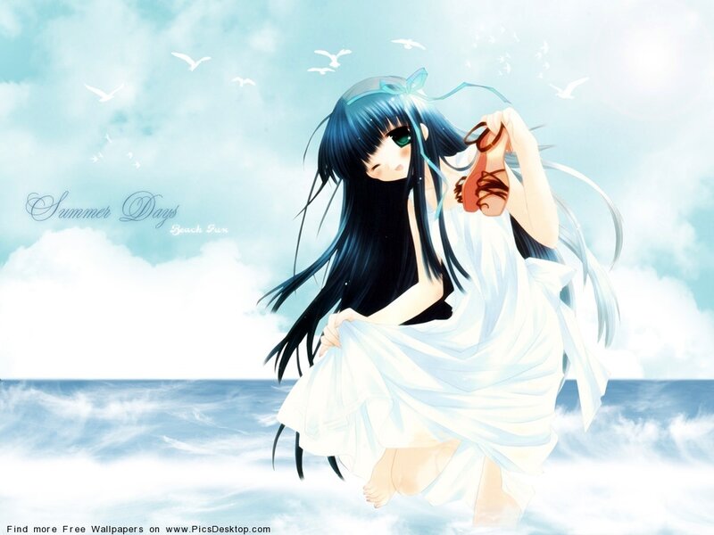 Anime Girl at Beach — Blue, Serene, Summer