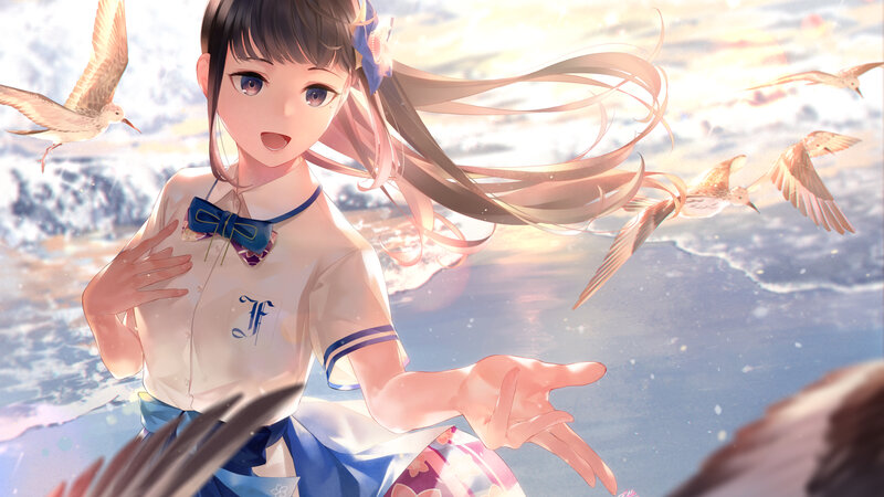 Anime Girl at Beach — Blue, Serene, Sunset, Digital Art, Birds
