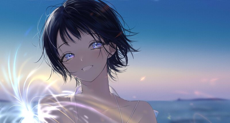 Anime Girl at Beach — Blue, Serene, Sunset, Digital Art, Ocean, Sky