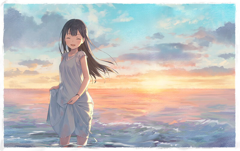 Anime Girl at Beach — Blue, Serene, Sunset, Digital Art, Ocean
