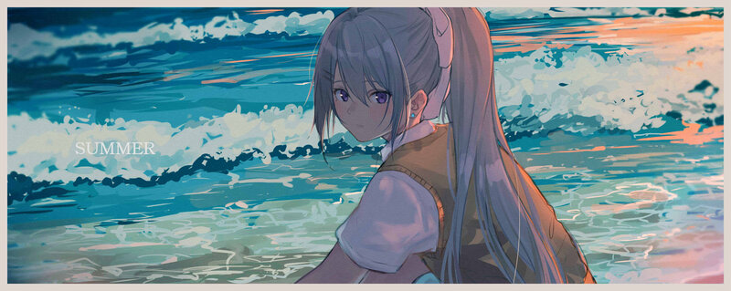 Anime Girl at Beach — Blue, Serene, Sunset, Digital Art, Ocean, Waves