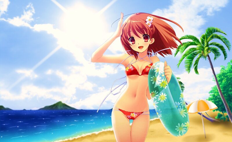 Anime Girl at Beach — Blue, Sunny