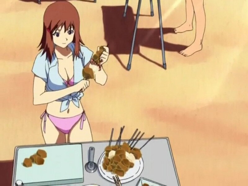 anime girl at beach food prep