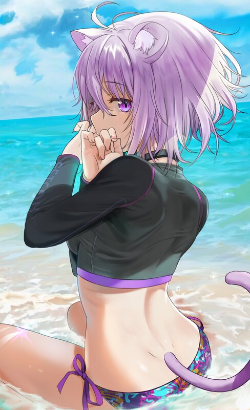Anime Girl at Beach — Purple, Serene, Afternoon