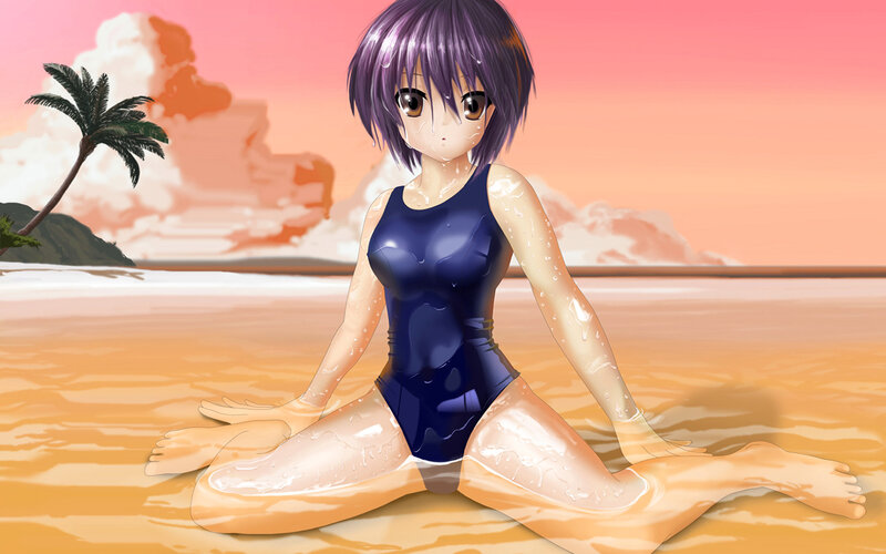 anime girl at beach sunset