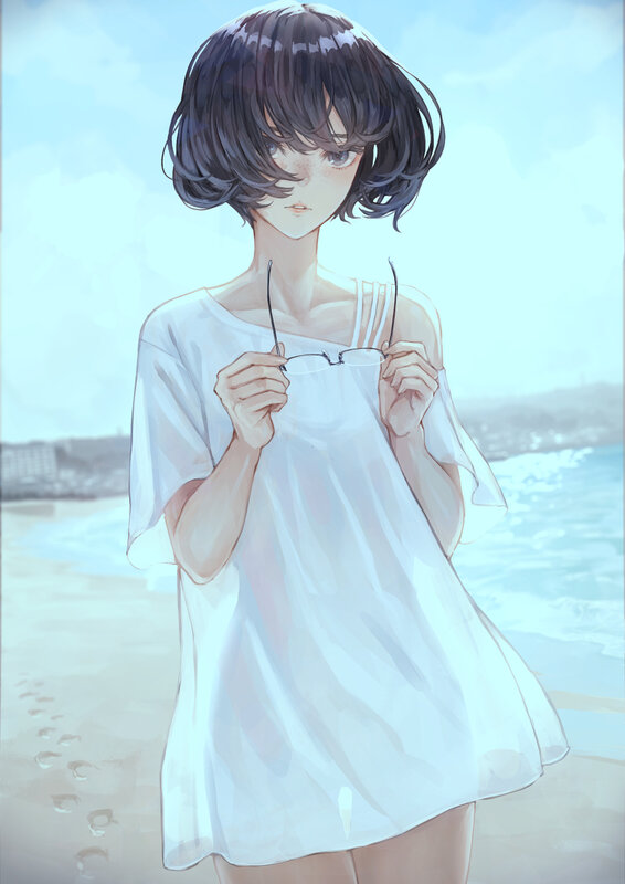 Anime Girl at Beach — White