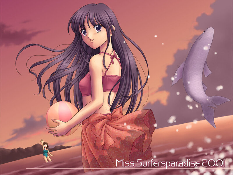 Anime girl at beach with dolphin