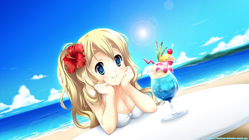 Anime girl at beach with drink