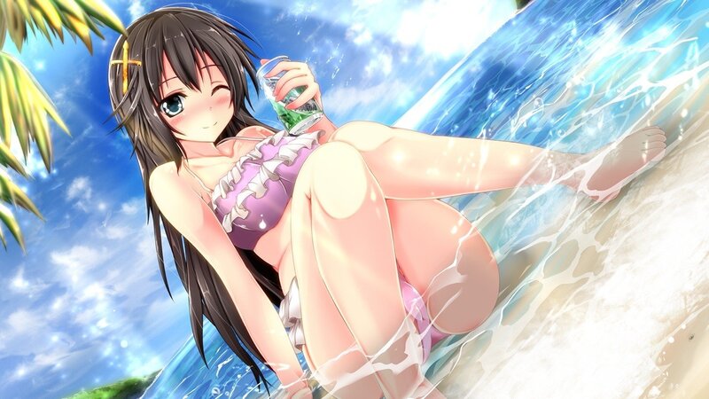 anime girl at beach with drink