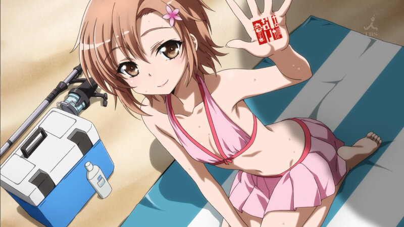 anime girl at beach with fishing gear