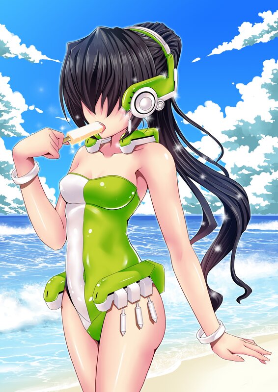 anime girl at beach with ice cream